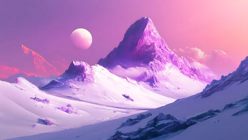 Purple ice peaks under pink sky with distant spherical moon.