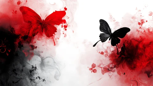Red and black butterflies against swirling ink clouds.