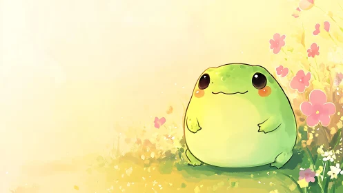 Round green frog character in soft floral field scene.