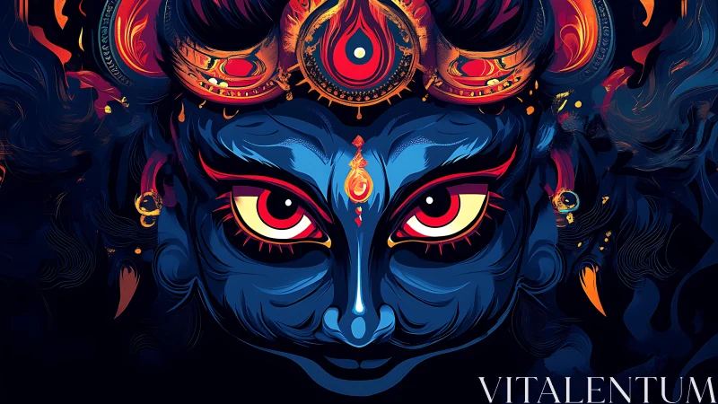 Divine blue goddess portrait with neon eyes and fiery crown.