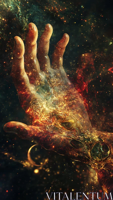 Cosmic hand dissolving into swirling galactic nebulae.