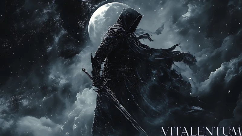 Hooded dark knight holding sword under glowing full moon.