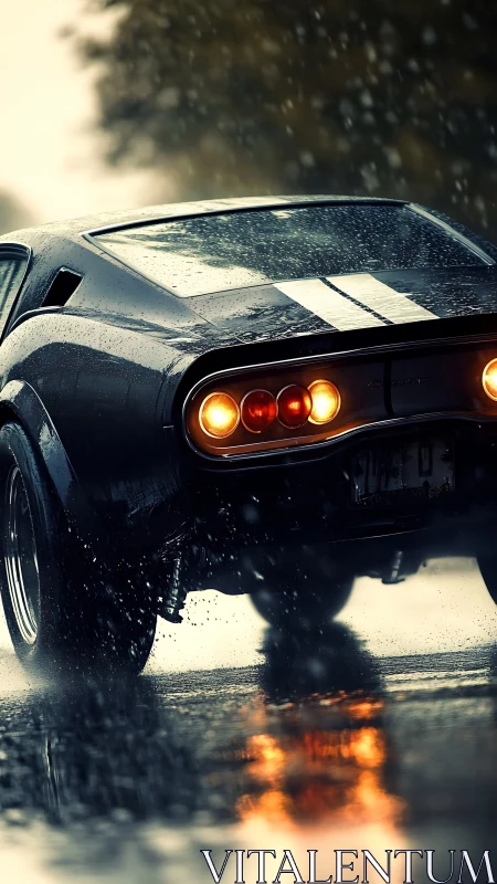Rain-slick muscle car blazing through stormlit reflections.