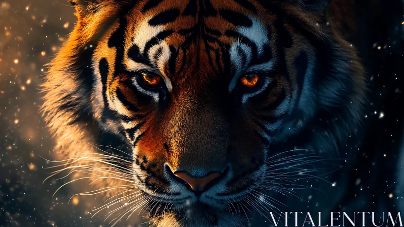 Tiger close-up with glowing amber eyes in dark setting.