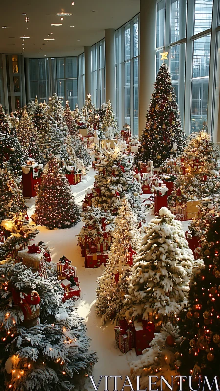 Snow laden Christmas tree forest in modern glass atrium