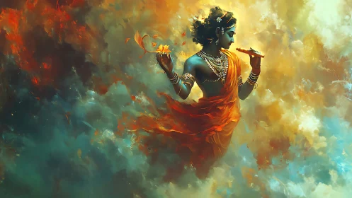 Figure with flute stands amid dense swirling color clouds