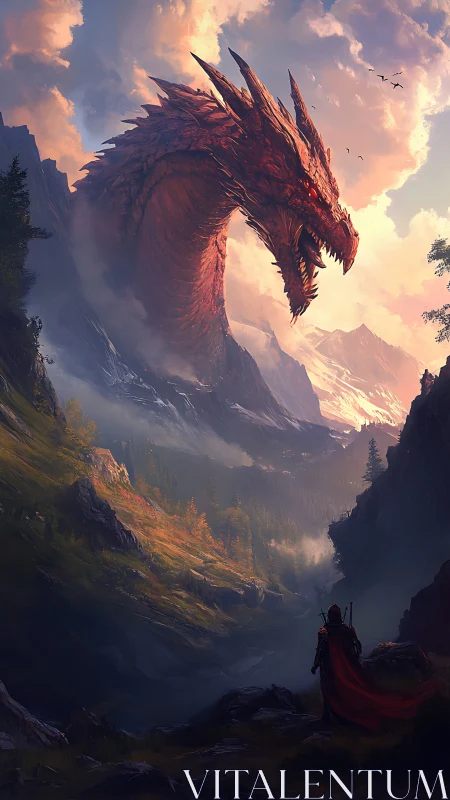 Colossal fire dragon towers above lone valley warrior.