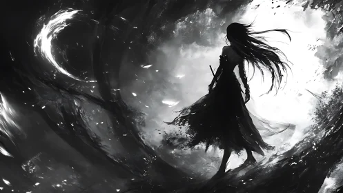 Silhouetted warrior stands before swirling monochrome vortex