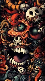 Skulls, serpents, and laughter braid into one shrieking face