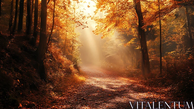 Golden Autumn Forest Path Beckons with Warmth and Light