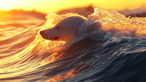 Dog profile emerging in sunlit ocean surf at sunset.