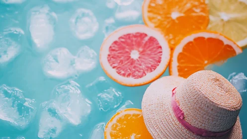 Citrus slices and sunhat beside shimmering ice pool.