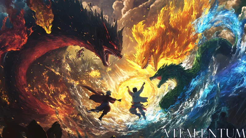 Elemental warriors summon colossal dragons in storm vortex