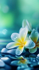 White Plumeria Petals Adorned with Morning Dew.