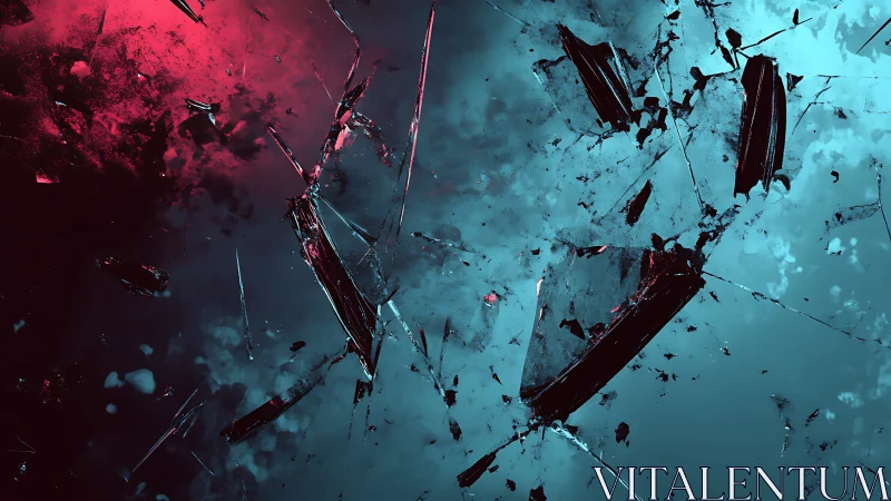 Shattered glass shards suspended in dual red cyan volumetric lighting