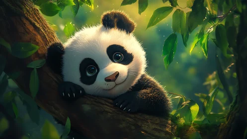 Dreamy baby panda resting in a sunlit leafy hideaway.