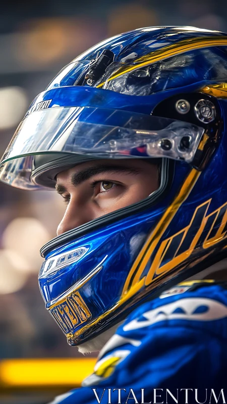 Focused race driver in blue helmet prepares for high speed