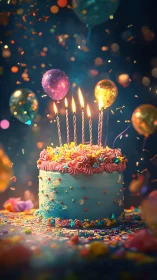 Magical Birthday Cake with Glowing Candles and Festive Bokeh