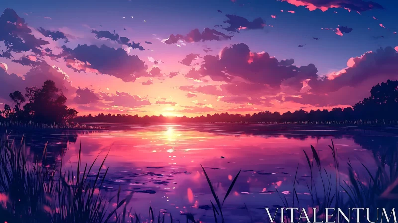 Gentle lakeside sunset glowing in dreamy purples and pinks.