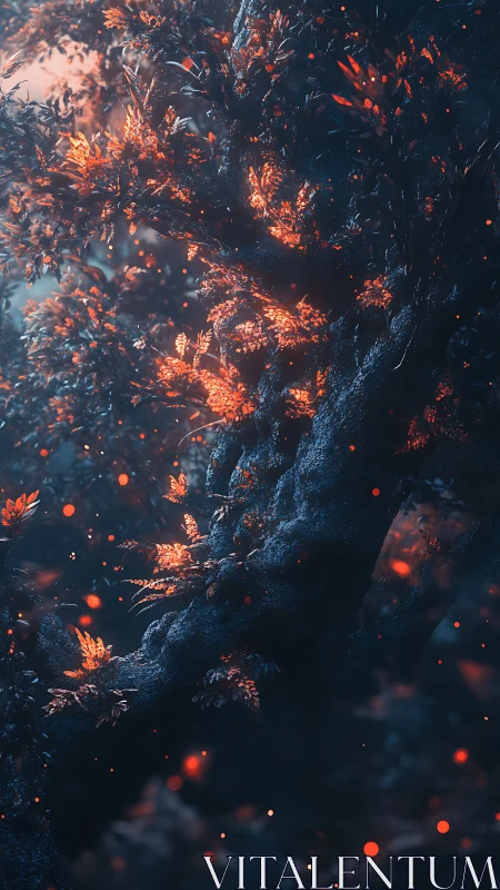 Burning wood debris with ember particles in dark environment.