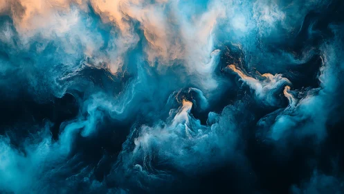 Abstract teal and orange fluid cloud formation on dark field.