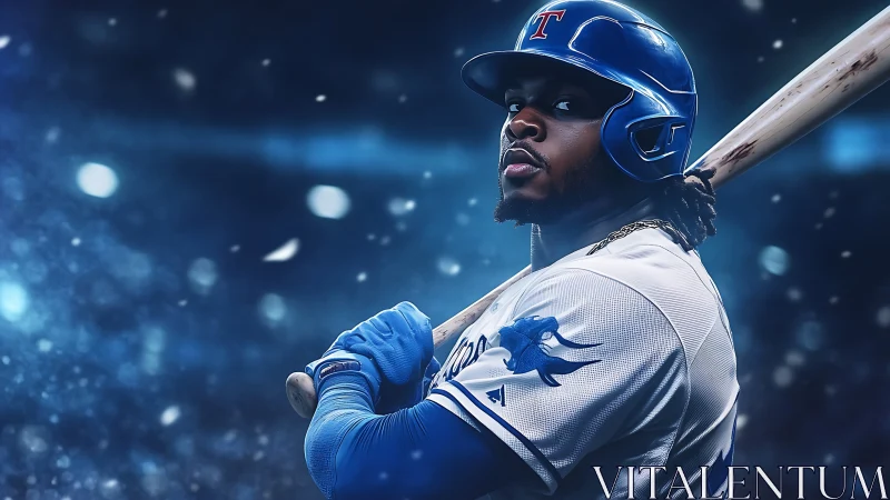 Baseball batter in blue uniform under stadium lights at night.