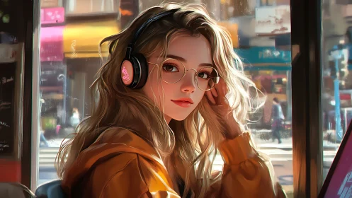 Soft-lit cafe portrait shows anime girl with headphones and laptop