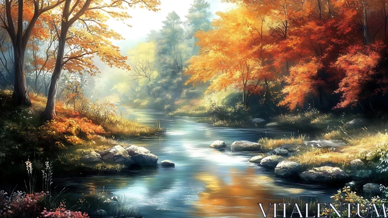 Golden autumn river glows softly beneath warm morning light