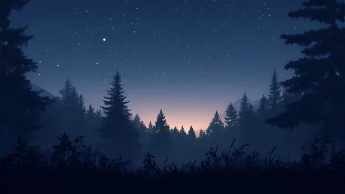 Twilight Forest Under Starlit Sky With Glowing Horizon