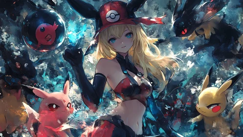 Dynamic anime trainer commanding electric creatures in storm.