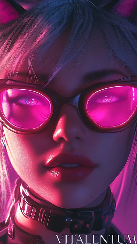 Close portrait of woman in neon glasses and collar.