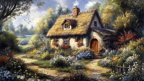 Sunlit cottage nestles into a wild, storybook flower garden