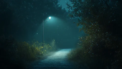 Moonlit forest path under single glowing streetlamp
