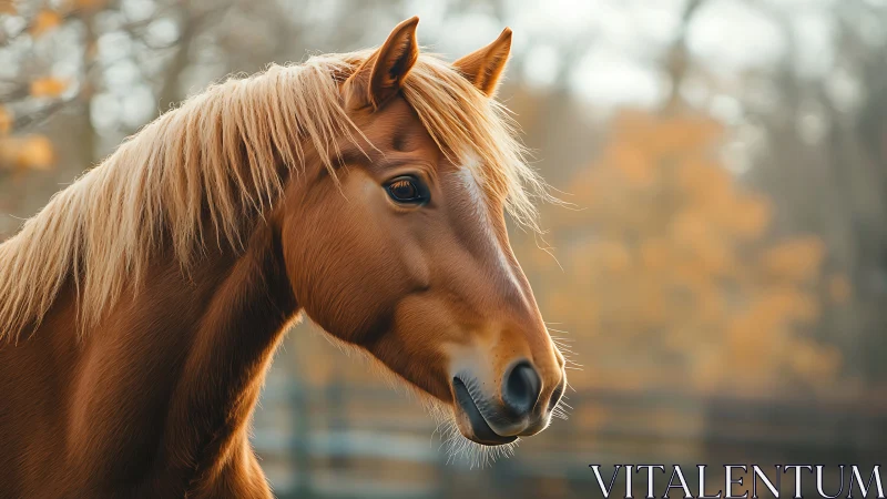 Chestnut horse stands in profile with soft autumn background