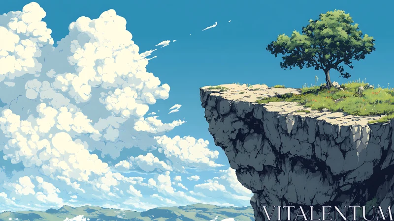 Elevated Landscape with Solitary Tree on Cliff Outcrop Against Azure Sky