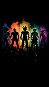 Silhouetted anime warriors align against neon chromatic pillars