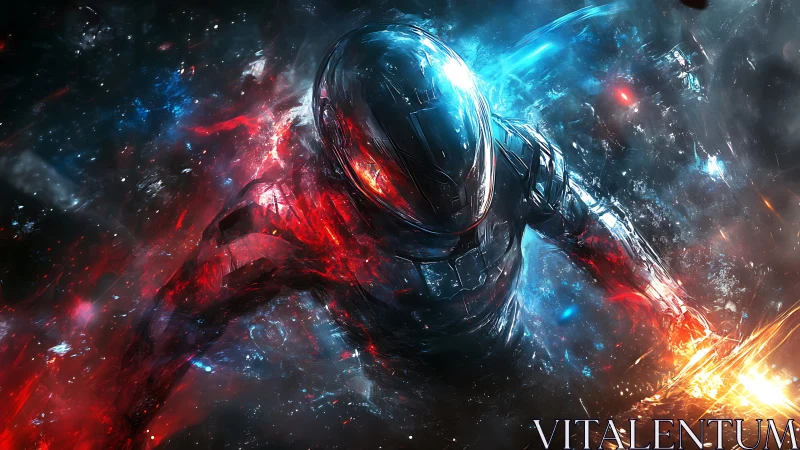 Cybernetic warrior charging through erupting cosmic energy.