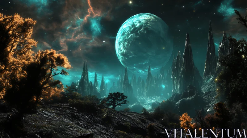 Dreamy alien valley under a glowing turquoise moon.