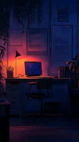 Programmer desk in nocturnal workspace, warm-cool lighting contrast.