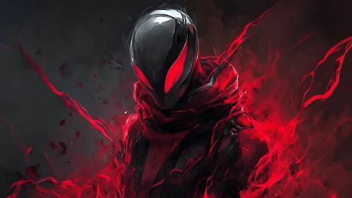 Hooded armored figure with red energy on dark background.