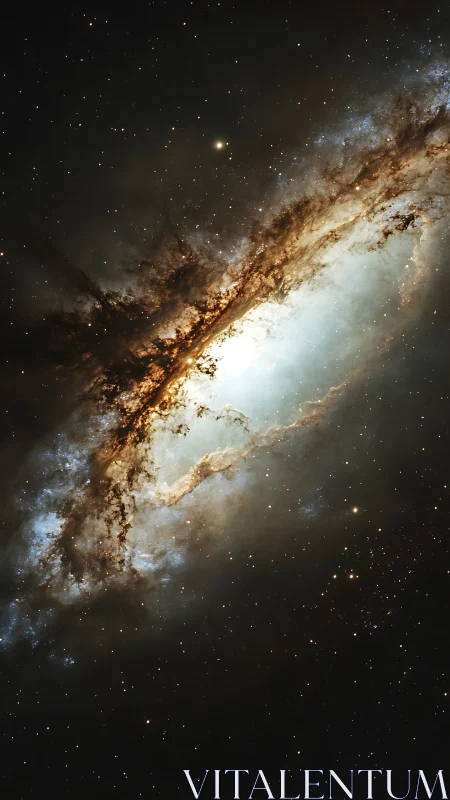 Edge-on spiral galaxy with dense dust lanes and bright core halo