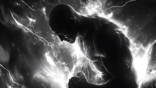 Monochrome energy-charged muscular figure in profile tension