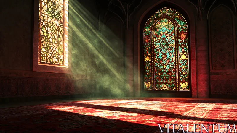 Sunlit stained glass projects patterned light onto carpet