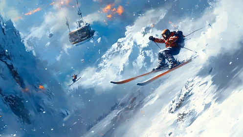 Skier descending steep mountain slope with cable car visible