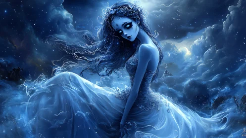 Moonlit ghost bride drifts through a swirling sapphire storm.