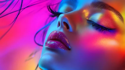Close-up female face under vivid multicolor studio lighting.