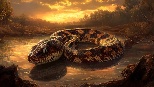 Photorealistic coiled python in reflective sunset wetland scene.