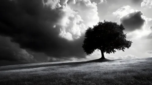 Solitary tree anchors storm-lit hillside in monochrome landscape