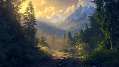 Mountain Valley Forest at Golden Hour with Alpine Peaks.