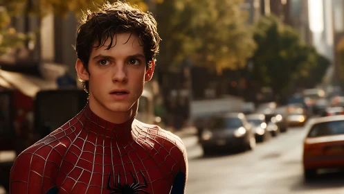 Young Spider-Man pausing in sunlit urban traffic street scene.